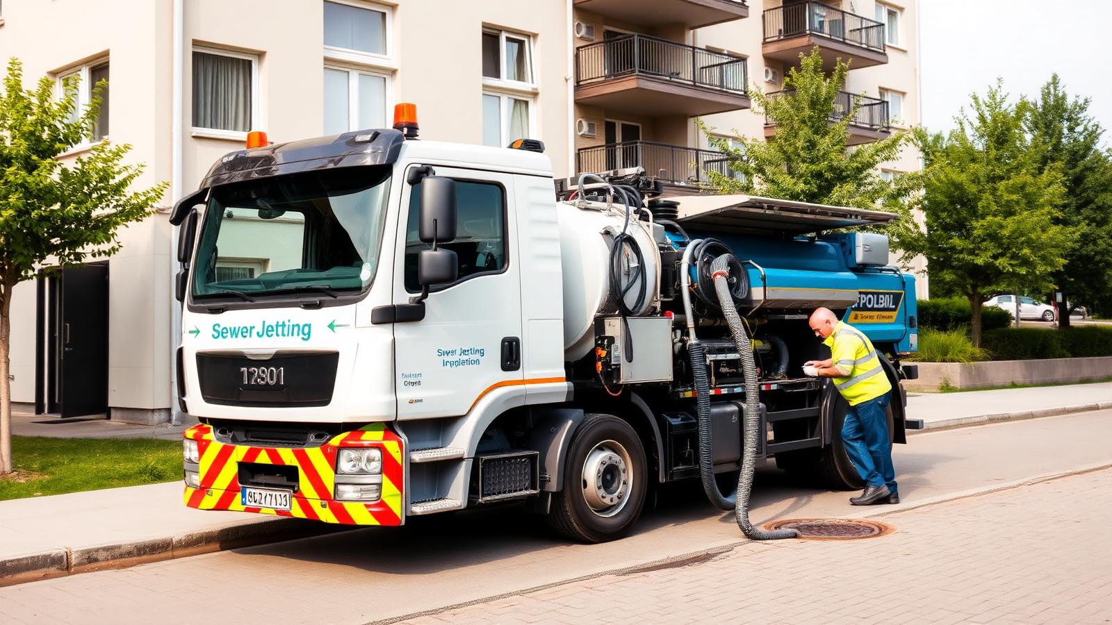 Spolbil utför förebyggande högtrycksspolning av avloppsledningar