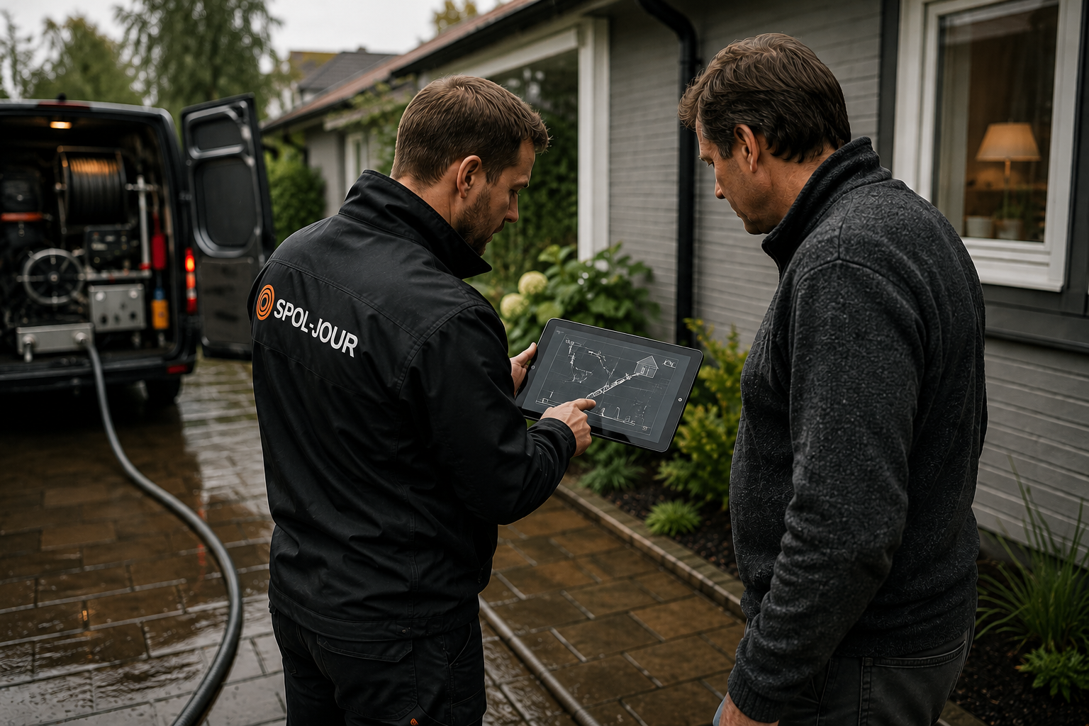 Spol-Jour tekniker karterar avloppsledningar med surfplatta vid villa