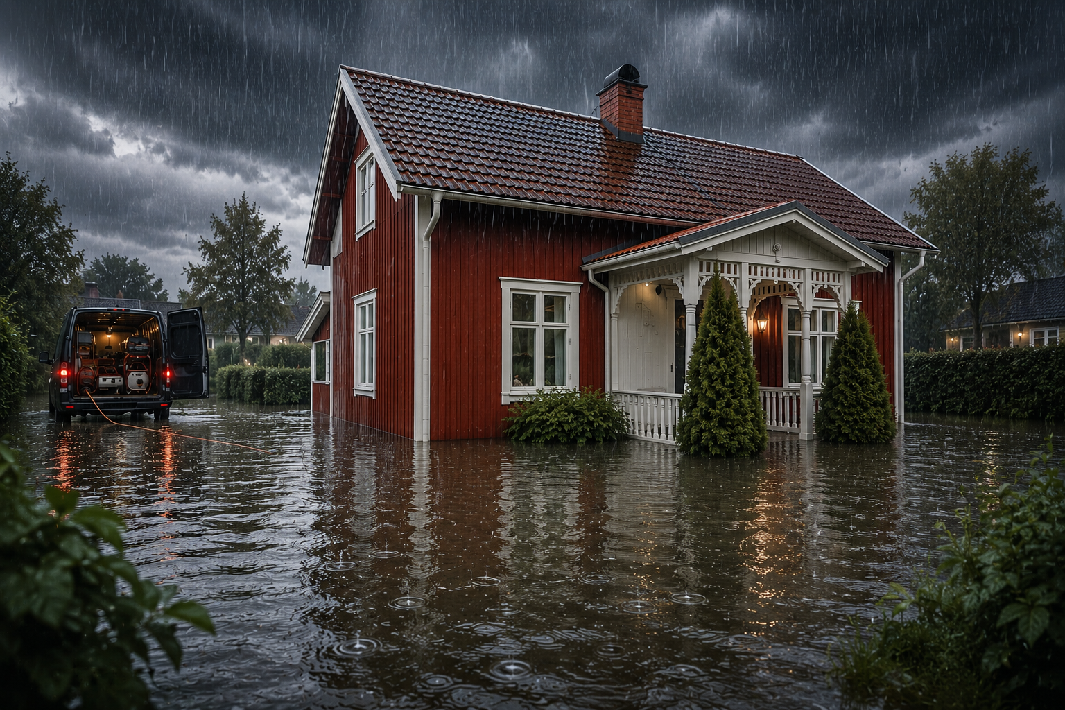 Översvämmat rött hus med spolbil på plats vid akut avloppssanering
