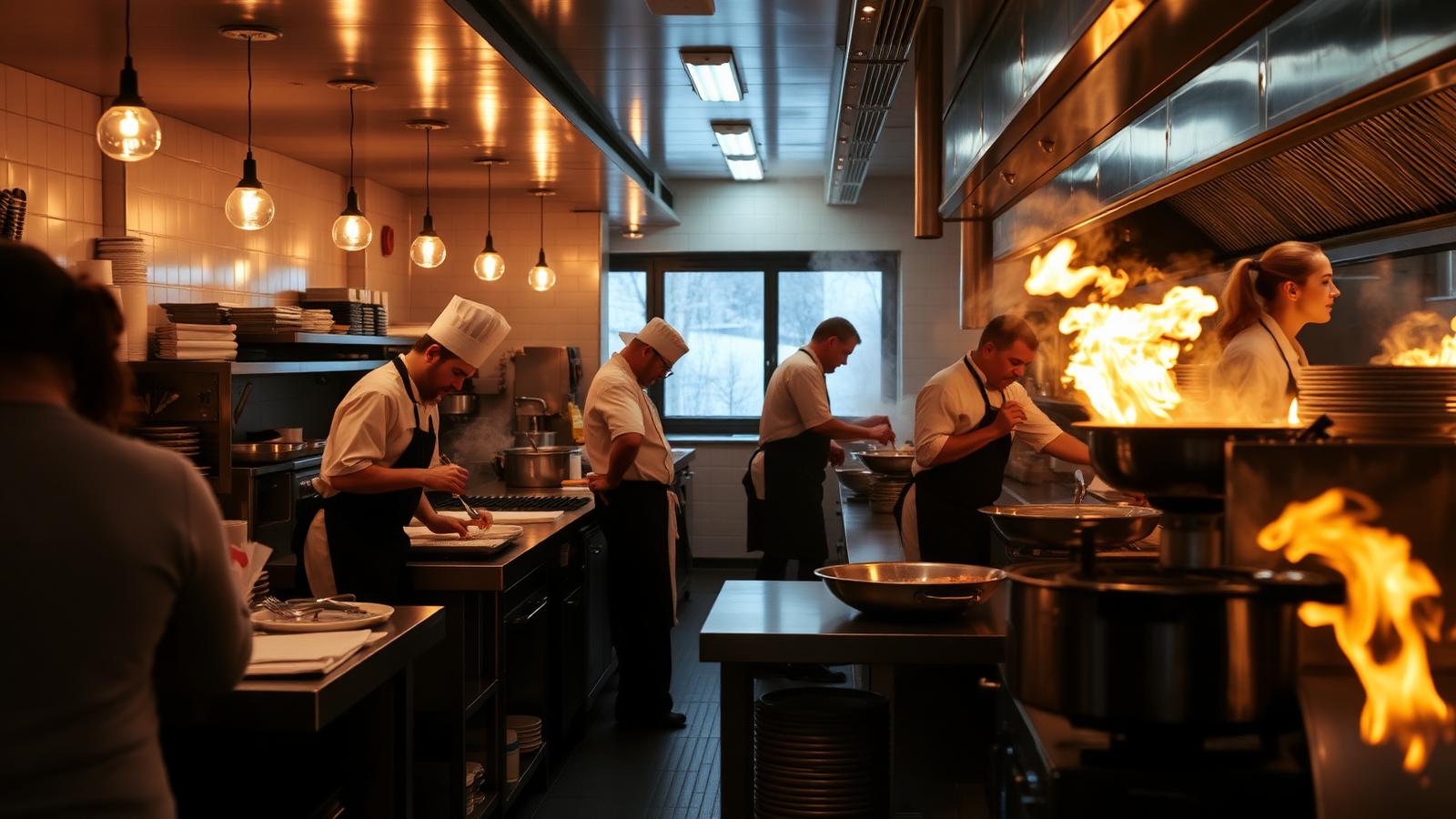 Professionellt restaurangkök med intensiv matlagning och fettbelastning på avloppen
